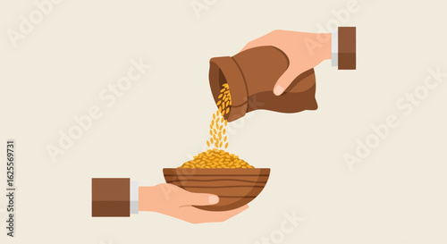 Hands exchanging grains; generosity, sharing, donation, wooden bowl.