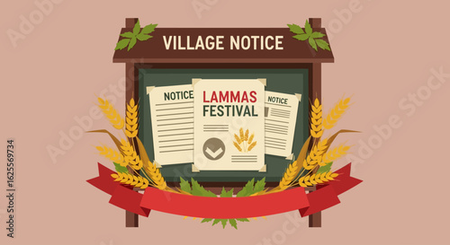 A village notice board displaying announcements for the Lammas Festival, with wheat and ribbon.
