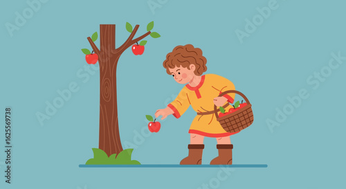A young boy in a yellow tunic and boots reaches for a ripe red apple on a tree, filling his basket with fruit.