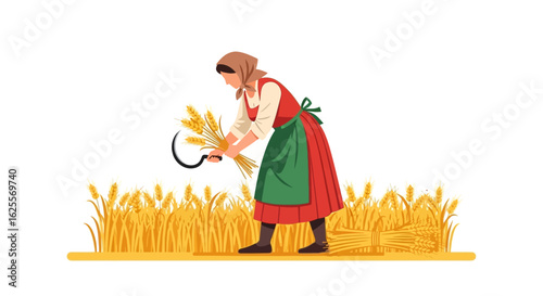 A woman in traditional attire harvests wheat with a sickle in a golden field.