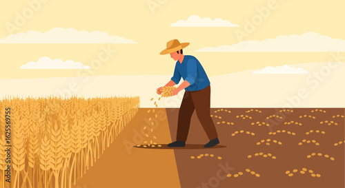 A farmer wearing a straw hat is sowing seeds in a field next to a wheat field under a cloudy sky.
