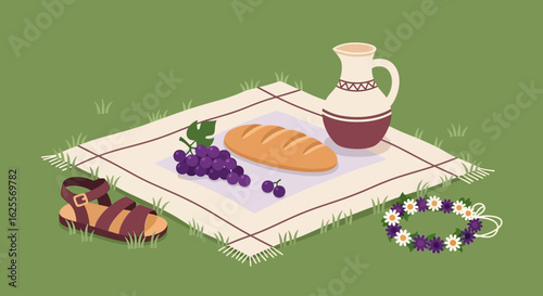 A rustic picnic scene with a loaf of bread, grapes, and a ceramic jug on a blanket, with sandals and a flower crown on the grass.