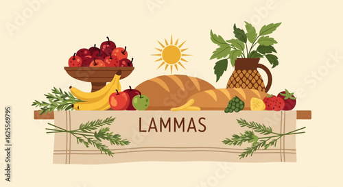 A still life illustration of autumnal food offerings, including bread, fruits, and plants, for the Lammas harvest festival.