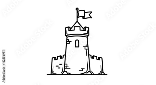 Simple Black and White Castle Illustration with Flag on Top