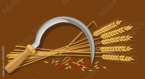 A silver sickle rests on a bundle of golden wheat stalks, with scattered grains and red chili peppers, symbolizing harvest and agriculture.