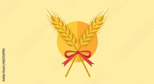 Golden wheat stalks tied with a red ribbon, symbolizing harvest and agricultural bounty against a soft yellow background.