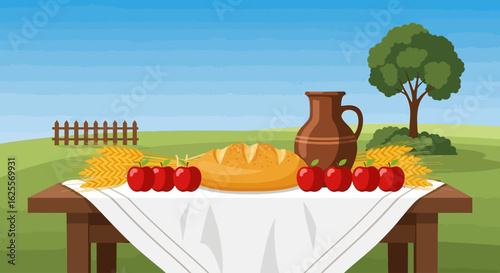 A rustic table laden with fresh bread, red apples, wheat, and a clay jug in a sunny field.