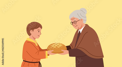 A young boy presents a loaf of bread to his smiling grandmother in a warm, affectionate exchange.