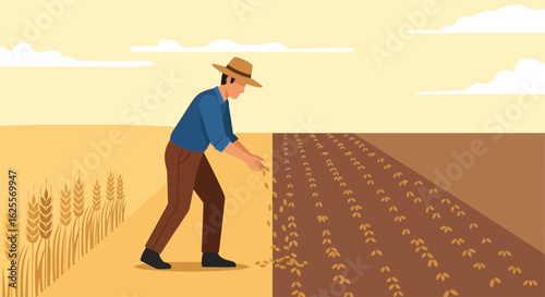 A farmer meticulously plants seeds in a field, separating a harvested area from an unharvested one.
