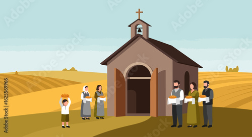 Rural community gathering outside a small church, holding offerings of bread.