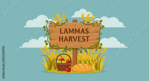 Wooden sign announcing Lammas harvest with fruits, bread, and wheat.