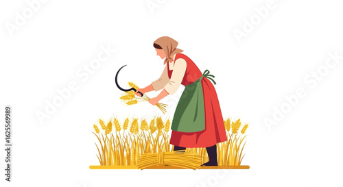 A woman in traditional dress with a headscarf harvests golden wheat with a sickle in a field.