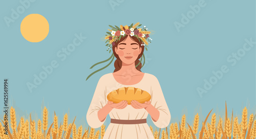 A young woman in a floral wreath holds a loaf of bread in a sunlit wheat field, embodying harvest and natural beauty.