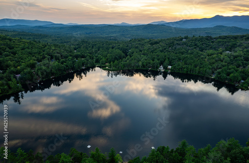 Aerial view of a sunset on a New Hampshire lake in the White Mountains
-Madison, NH 