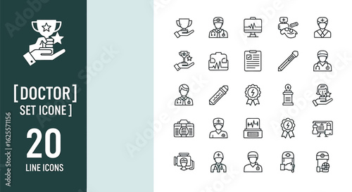 Medical line icon set, includes doctor, patient, stethoscope, medicine, hospital, nurse, pill, and medical chart symbols, Created in line style with black and white color palette