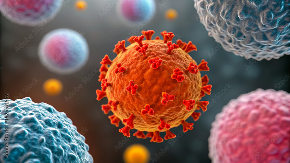 Obraz premium Tumor suppression concept ,Colorful virus surrounded by immune cells, showcasing interaction and response