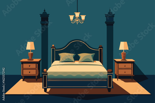 vector of a traditional bedroom with carved wood f.eps