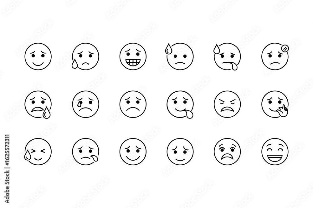 Row of emoji icons show a variety of moods including happiness sadness anger and sickness Row of emoji icons show a variety of moods including happiness sadness anger and sickness