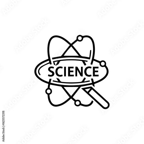 Science logo atom model elliptical shape with the word SCIENCE inside and a simplified magnifying glass