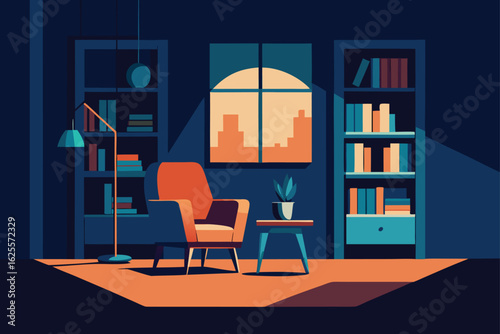 vector of cozy reading corner with bookshelves  .eps