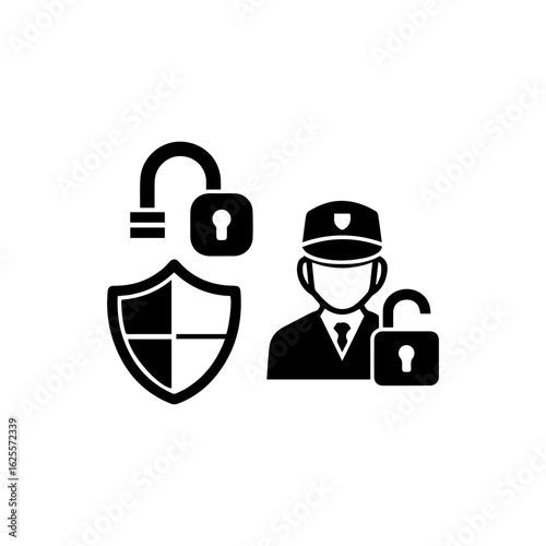 Security icons guard shield  two open locks