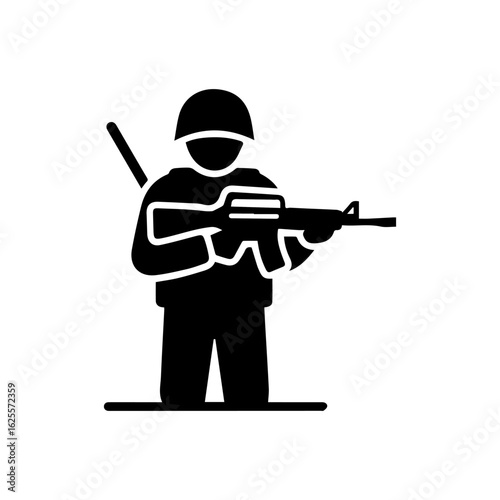 Silhouetted soldier in helmet holds rifle with stick behind all on a solid base