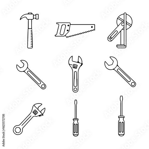 Tools displayed hammer saw pipe wrench two wrenches adjustable wrench and two screwdrivers