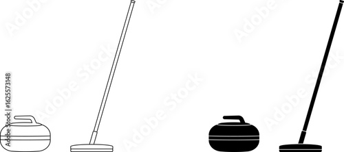 side view Curling stone and Curling broom icon set