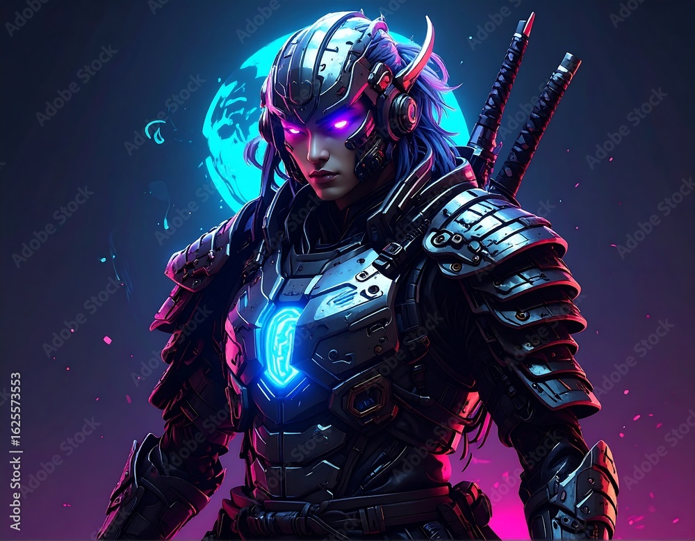 Fototapeta premium Futuristic Samurai warrior in vibrant neon light