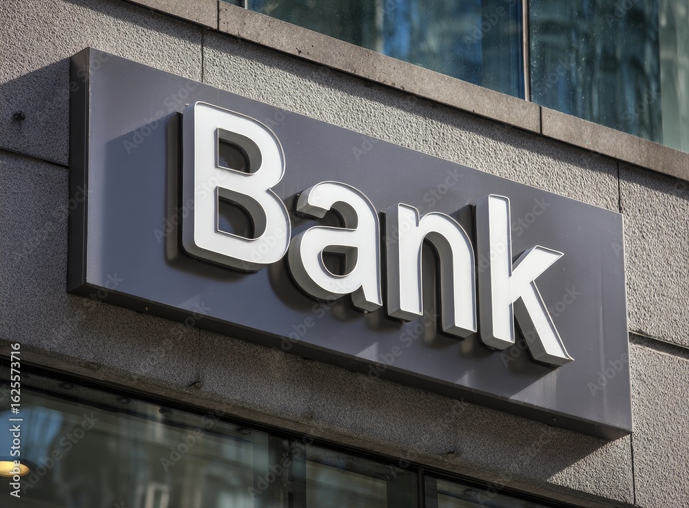 Exterior bank sign on a building. Dark gray rectangular sign with white embossed Exterior bank sign on a building. Dark gray rectangular sign with white embossed