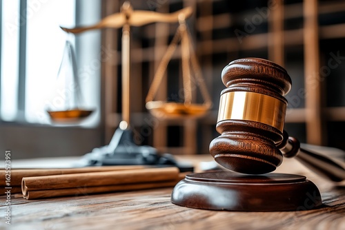 Wooden gavel and scales of justice on a wooden table