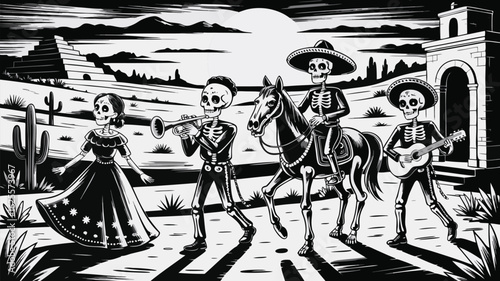 Black and White Day of the Dead Skeletons with Instruments and Horse Illustration