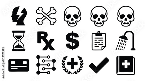 Black and White Icon Set Featuring Health, Medical, Financial, Time, and Technology Related Symbols