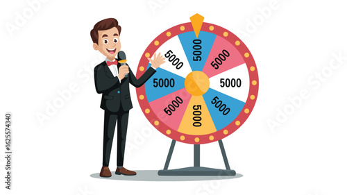 Cartoon Game Show Host Presenting a Prize Wheel with $5000 Slots, Colorful Design