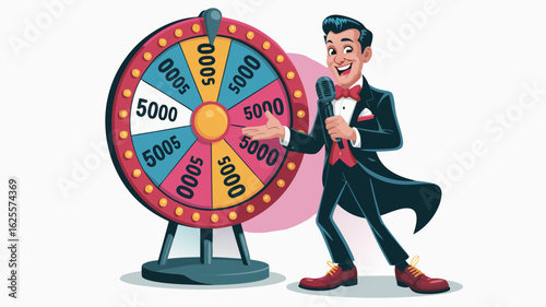 Cartoon Game Show Host with Bowtie Presenting Colorful Prize Wheel Featuring Monetary Values