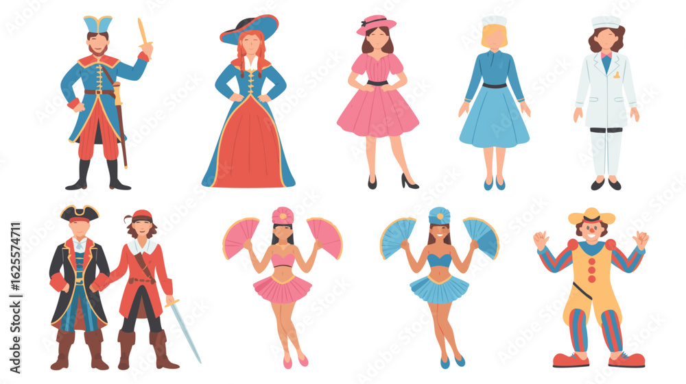 Cartoon People in Historical Costumes Sailors, Dancers, Doctors, Carnival Clown Cartoon People in Historical Costumes Sailors, Dancers, Doctors, Carnival Clown