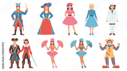 Cartoon People in Historical Costumes Sailors, Dancers, Doctors, Carnival Clown