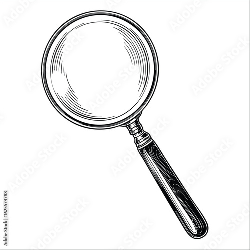 Engraved magnifying glass retro sketch vintage detective search equipment hand drawn loupe optical instrument isolated on white background vector illustration