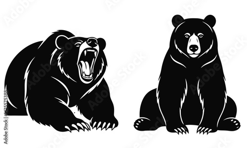 Set of aggressive roaring and calm sitting black bear mascot illustrations.