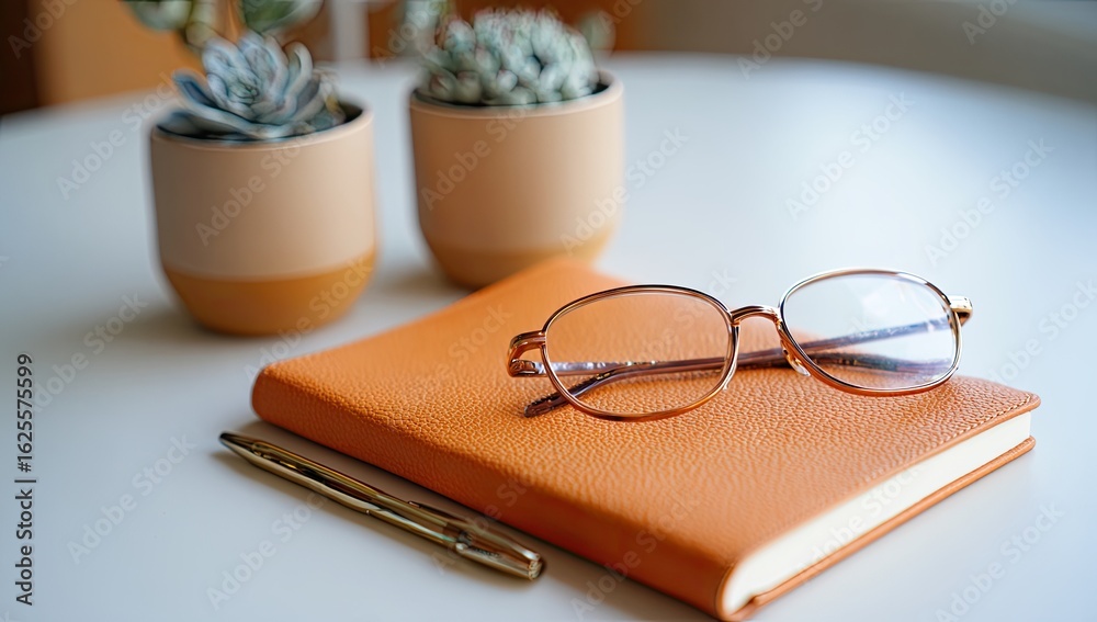Orange notebook, glasses, and succulents on white table Orange notebook, glasses, and succulents on white table