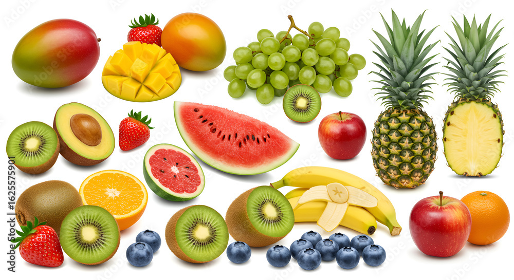 Collage of fresh fruits: mango, strawberry, grapes, pineapple, kiwi, watermelon, apple, banana, orange, blueberry. Vibrant and appetizing, ideal for healthy food themes.
Collage of fresh fruits: mango, strawberry, grapes, pineapple, kiwi, watermelon, apple, banana, orange, blueberry. Vibrant and appetizing, ideal for healthy food themes.
