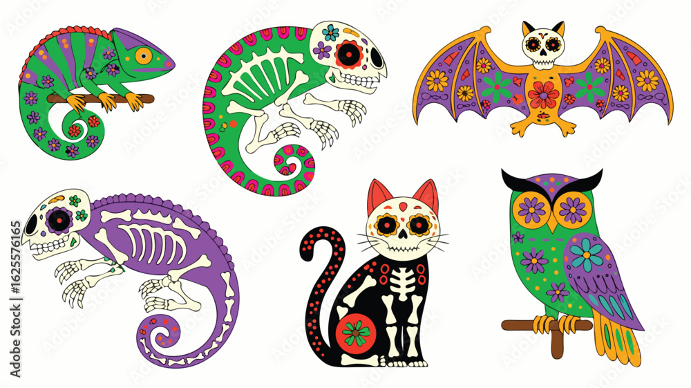 Obraz premium Colorful Day of the Dead Inspired Animals Chameleon, Cat, Bat, Owl, Detailed Art