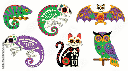Wallpaper Mural Colorful Day of the Dead Inspired Animals Chameleon, Cat, Bat, Owl, Detailed Art Torontodigital.ca