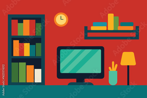 interior with tv  bookshelves  and artwork   (1).eps