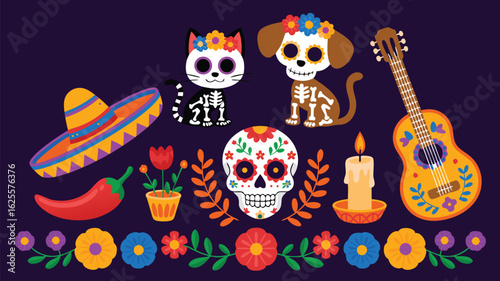 Colorful Dia de los Muertos Illustration Featuring Cat, Dog Skeletons, Sugar Skull and Guitar