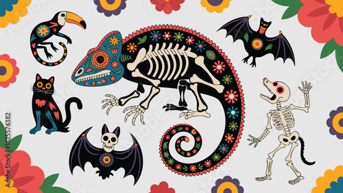 Colorful Dia de los Muertos Illustration Featuring a Chameleon Skeleton, Bat, Cat, Toucan, and Skeleton