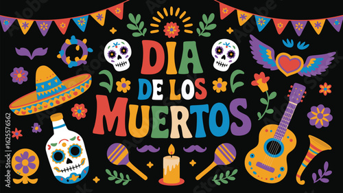 Colorful Dia de los Muertos Illustration with Skulls, Guitar, Sombrero, and Festive Decorations on Black Backdrop