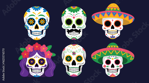 Colorful Dia de los Muertos Skull Collection Mexican Day of the Dead Festive Illustrations