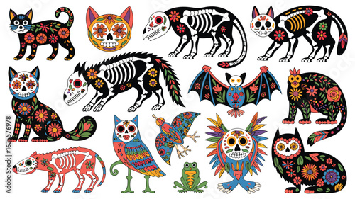 Colorful Sugar Skull Animals Cats, Dogs, Owls, Bat, Bird, Hyena, Frog for Día de Muertos