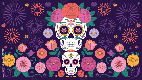 Colorful Sugar Skulls with Flowers and Fireworks, Day of the Dead Illustration